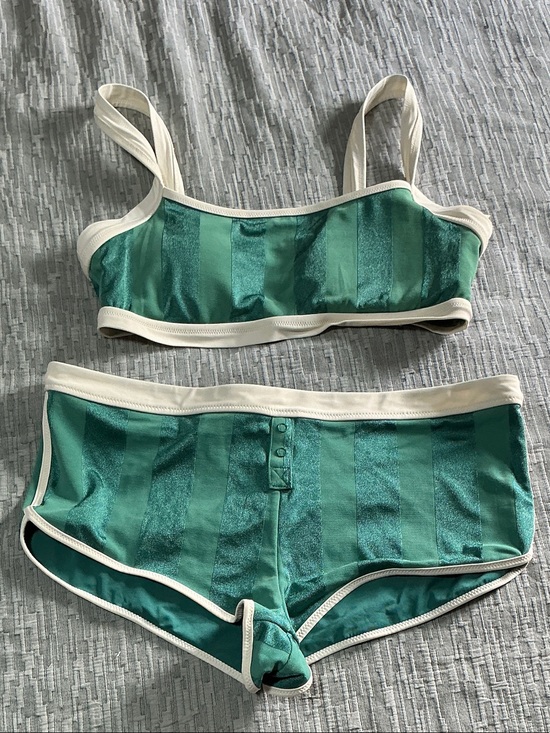 aerie Other - aerie Green Striped Bikini Top & Boyshorts Set with Cream Trim
